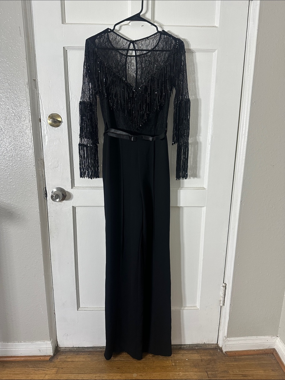 Vintage couture Black Beaded Fringe Long-Sleeve Jumpsuit